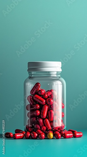 Wallpaper Mural Red pills spill from a clear medicine bottle, highlighting healthcare and medication concepts. Torontodigital.ca