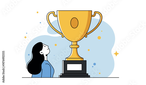 Woman admiring large gold trophy symbolizing achievement and success