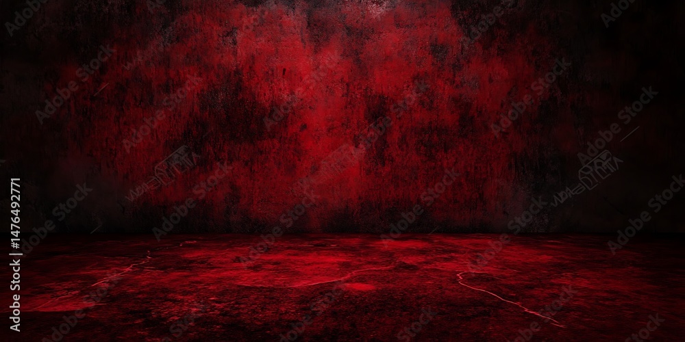 
Black blood red horror background. Interior room. Concrete old wall, floor. Grunge. Product display. 3d rendering. Empty space. For mockup, showcase, design. Stage. Dark. Spooky creepy. Broken,cracke