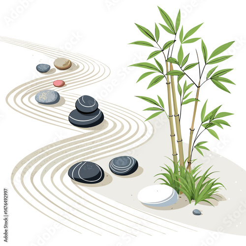 Create a bold vector illustration of a serene Zen garden, featuring raked gravel, rocks, and carefully placed plants.  Emphasize clean lines and strong contrasts.