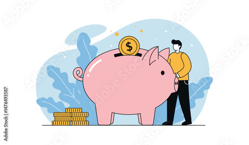 Saving for the future with a giant piggy bank illustration