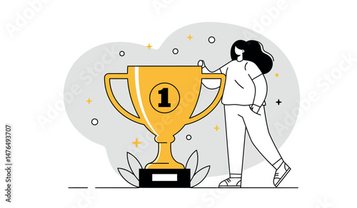 Champion celebration with large gold trophy and woman in casual attire