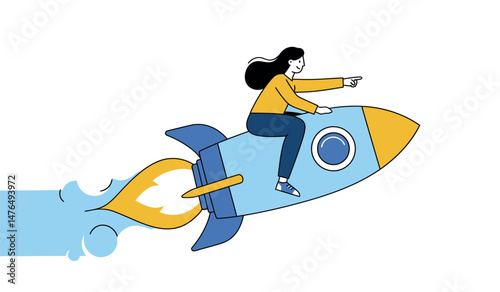 Adventurous woman riding rocketship embracing exploration and forward vision concept