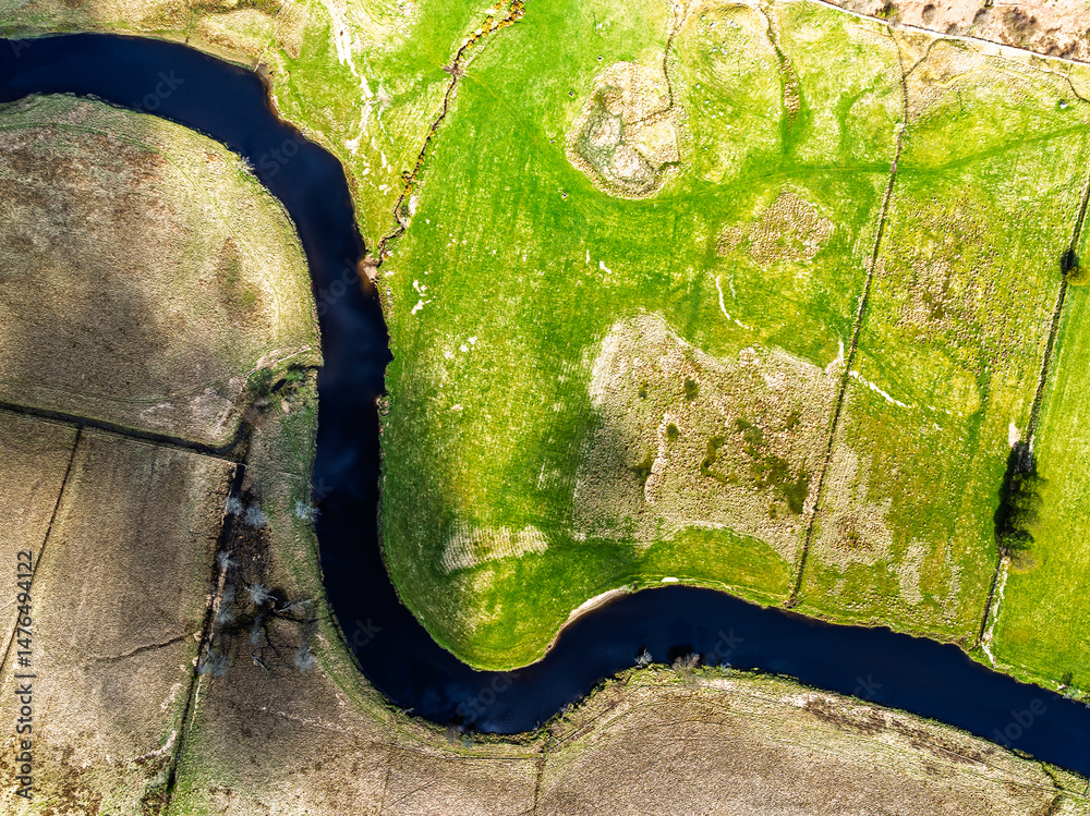 Top Down over Farms and River Dochart and Road A85 from a drone, Perthshire, Scotland, UK