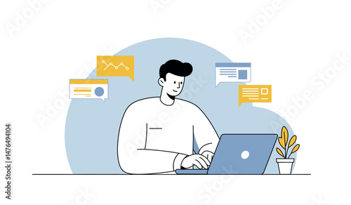 Young man at laptop engaged in online communication and analysis in a minimalist workspace