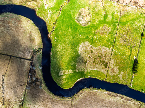 Obraz na płótnie Top Down over Farms and River Dochart and Road A85 from a drone, Perthshire, Scotland, UK w salonie