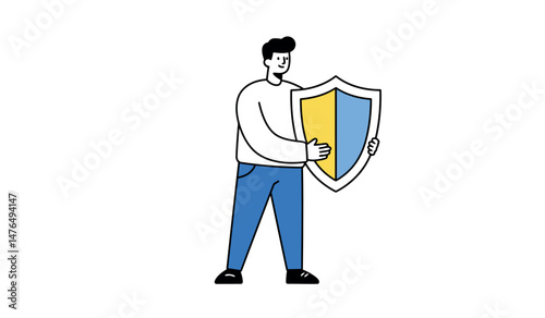 Cartoon character holding a shield for security and protection concept