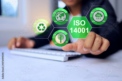 ISO 14001 with businessman pointing environment management to reducing environmental impacts improving efficiency saving cost enhancing their reputation and gaining a competitive advantage