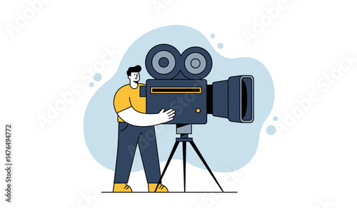 Cinematic enthusiast operating vintage movie camera for film production concepts