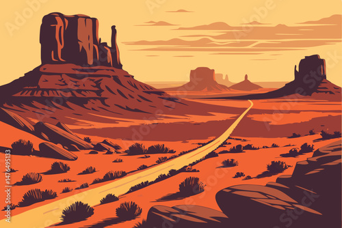 30 photorealistic, dramatic desert landscape, long winding road leading to distant rocky monuments, warm sunset lighting, detailed textures, wide perspective, hyper-realistic, cinematic, landscape pho