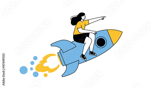 Woman riding rocket illustration symbolizing innovation and ambition