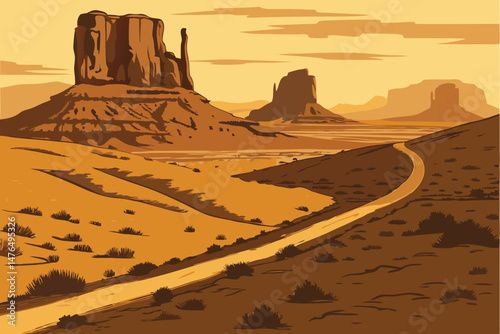 30 photorealistic, dramatic desert landscape, long winding road leading to distant rocky monuments, warm sunset lighting, detailed textures, wide perspective, hyper-realistic, cinematic, landscape pho