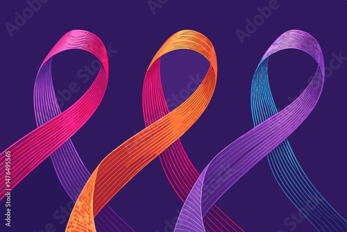 Create vibrant, bold vector illustrations of flowing ribbon shapes exhibiting a strong chromatic spectrum.  Focus on dynamic curves and impactful color combinations.