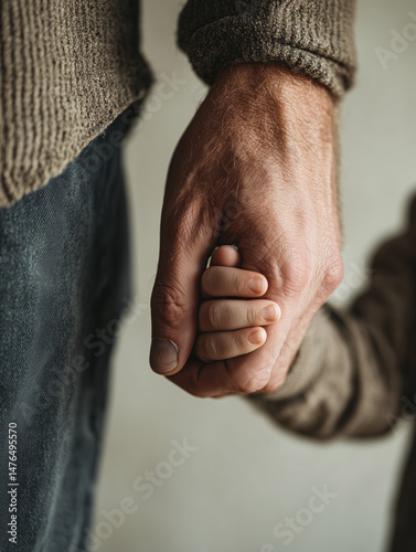  father holding a baby’s tiny hand, clean background in soft beige