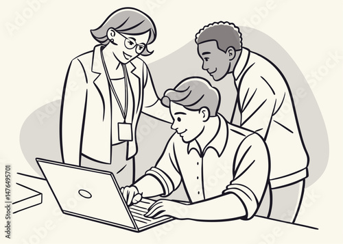 Sketch style doodle of Professional teacher, executive or mentor helping latin student, new employee, teaching intern, explaining online job using laptop computer, talking, having teamwork discussion 