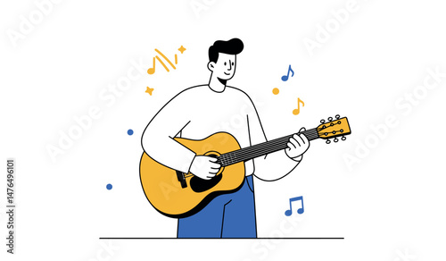 Guitar playing illustration with musical notes in minimalist style