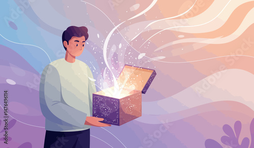 Man opening magical box with glowing light against dreamy pastel background