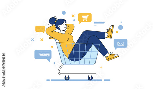 Relaxed shopper concept with woman in shopping cart amidst chat bubbles for e-commerce design