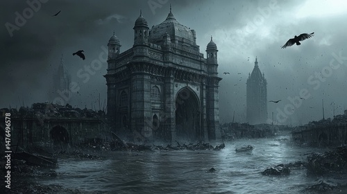 A surreal depiction of the Gateway of India submerged in floodwaters amidst a stormy atmosphere.