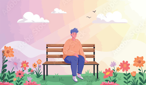 Tranquil spring morning with person relaxing on park bench surrounded by colorful flowers