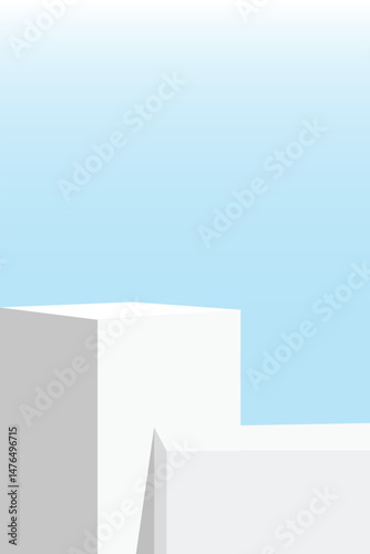 White podium step display mockup with minimalist geometric shapes, soft blue gradient background, ideal for cosmetic product presentation or modern exhibition design