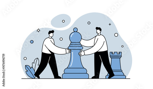 Teamwork and strategy concept with people moving chess pieces for problem solving and leadership