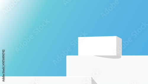 White podium step display mockup with minimal geometric shapes and blue gradient background, perfect for showcasing cosmetic product or modern design in clean, fresh style