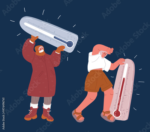 Cartoon vector illustration of a woman experiencing both extreme heat and cold, symbolizing the challenges of adapting to shifting seasons against dark background