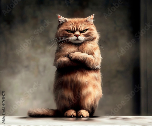 A grumpy cat with crossed arms and an intense stare stands against a moody background, exuding confidence and attitude. 