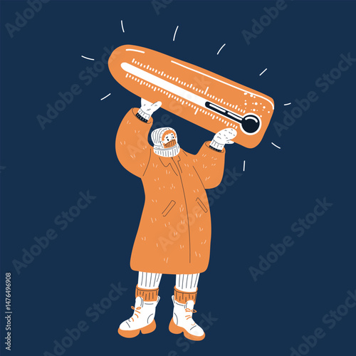 Cartoon vector illustration of a woman holding a thermometer above her head, shivering in the cold, symbolizing winter chill and freezing temperatures against dark background