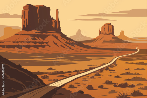 30 photorealistic, dramatic desert landscape, long winding road leading to distant rocky monuments, warm sunset lighting, detailed textures, wide perspective, hyper-realistic, cinematic, landscape pho