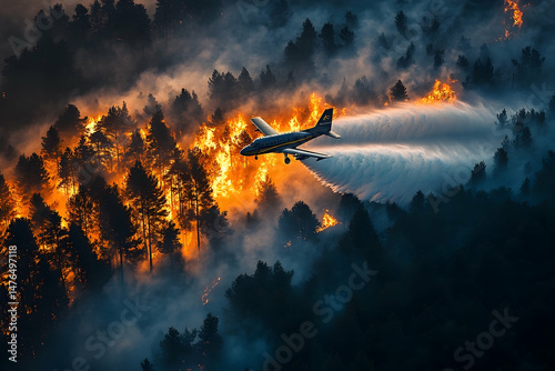 Aerial view of firefighting aircraft battling a large wildfire in a dense forest.  The plane releases water to extinguish the flames amidst smoke and fire