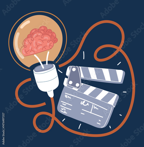 Cartoon vector illustration of a lightbulb with a brain and a clapperboard, representing smart creativity and innovation in film production against dark background