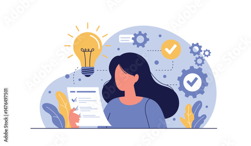 Innovative business concept with woman analyzing document and bright idea