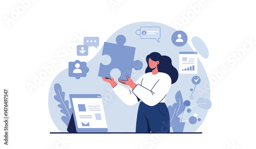 Business solution concept with woman holding puzzle piece in digital workspace