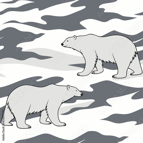 Polar bears in motion against gray camouflage background. Seamless design  