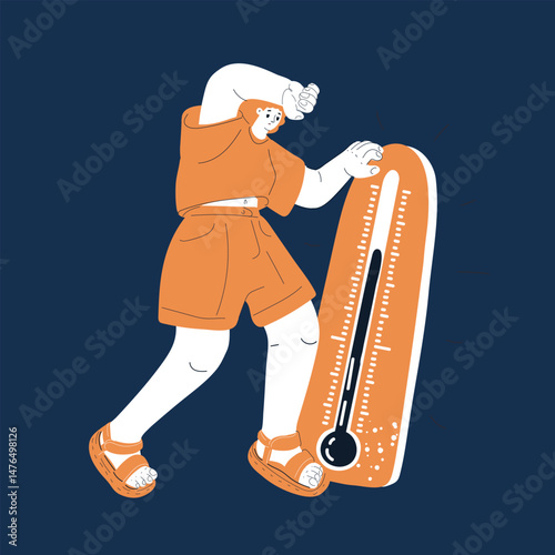 Cartoon vector illustration of a woman holding a thermometer, melting in the heat, with a humorous expression of discomfort against dark background
