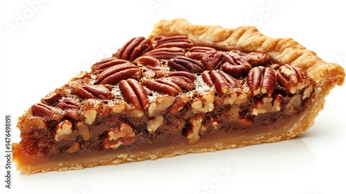 Close up of a pecan pie slice against a white background.