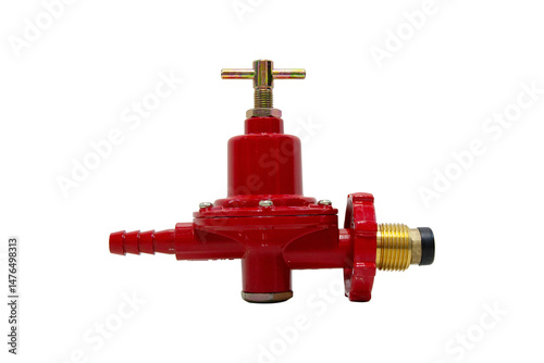 Foto Red gas regulator valve with brass fittings isolated on transparent background