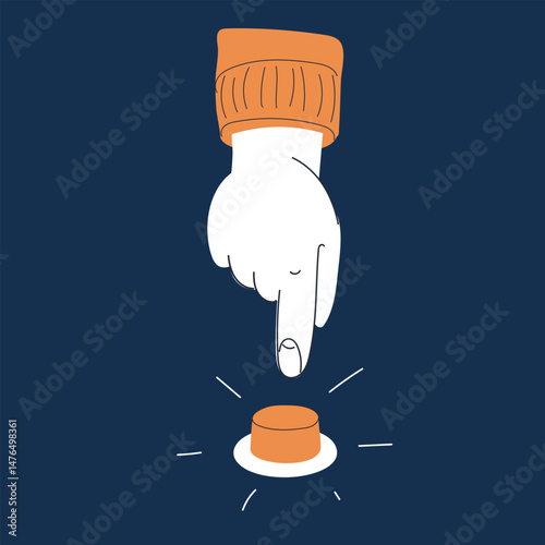 Cartoon vector illustration of a hand pressing a button with a finger, symbolizing action, decision, and control against dark background