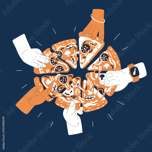 Cartoon vector illustration of hands grabbing slices of pizza, symbolizing hunger, sharing, and irresistible temptation against dark background
