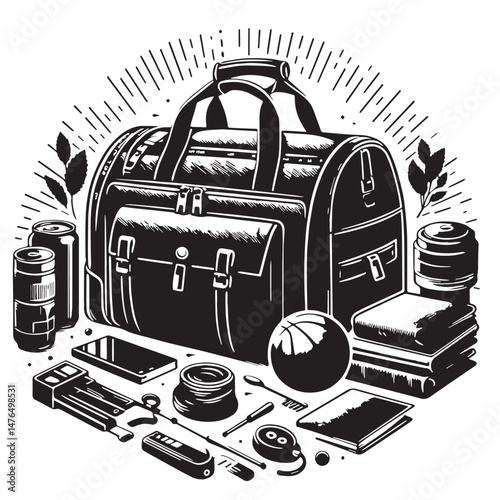 Duffel Bag Silhouette line art vector illustration on white background