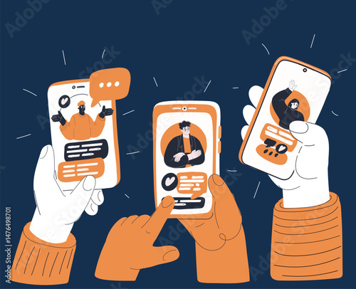 Cartoon vector illustration of hands holding smartphones with chat apps, symbolizing digital connection and communication across distance against dark background