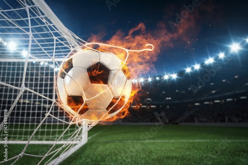 Flaming soccer ball in goal net during night game, concept for sports advertising and branding