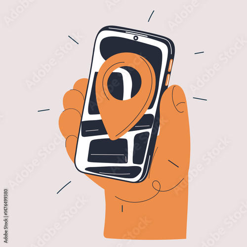 Cartoon vector illustration of a hand holding a smartphone displaying a map with a pinpoint location, representing travel and exploration