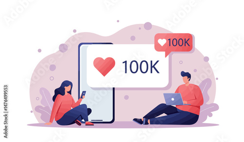 Social media engagement milestone with 100k likes concept for digital marketing design