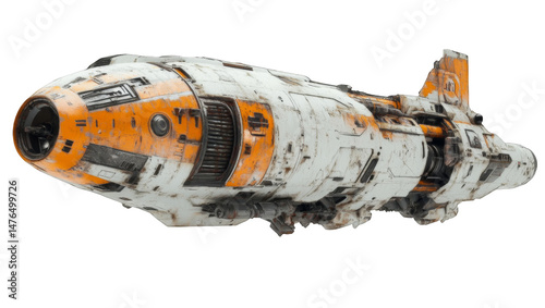 Fototapeta Naklejka Na Ścianę i Meble -  A large orange and white space ship is flying through space