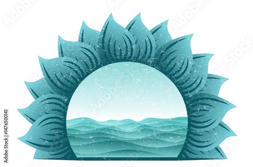 Blue round frame with a seascape.
