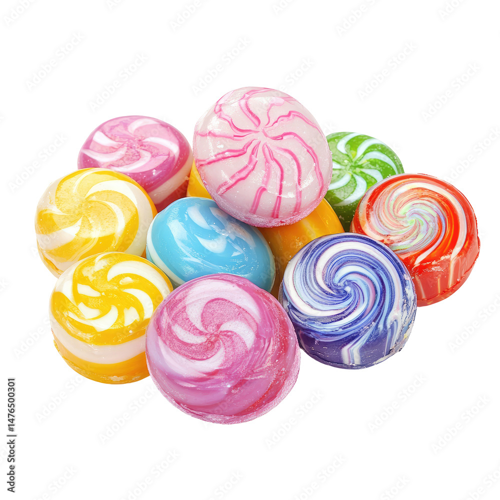 A vibrant pile of colorful, swirled hard candies A vibrant pile of colorful, swirled hard candies