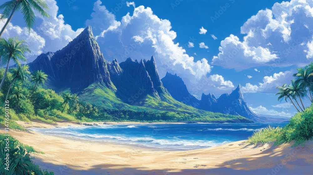 Fototapeta premium Tropical beach paradise with mountains